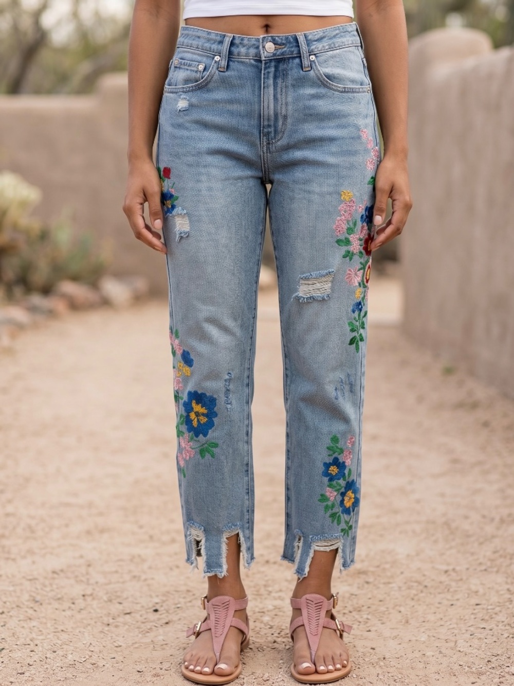 POL Floral Embroidered Boyfriend Jeans | Distressed Y2K Straight Leg Light Wash - Picture 3 of 7